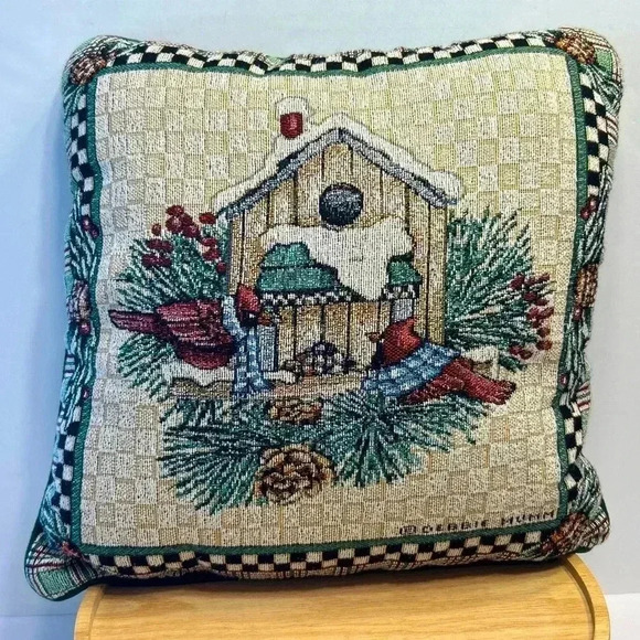 Debbie Mumm Cardinals Winter Tapestry Pillow 15 IN Snow Pine cones - Picture 1 of 4